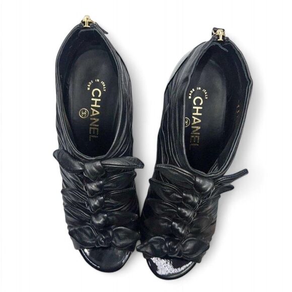 CHANEL Black Pleated Knotted Bow Detail Open Toe Ankle Booties Size EU38 - Picture 10 of 16